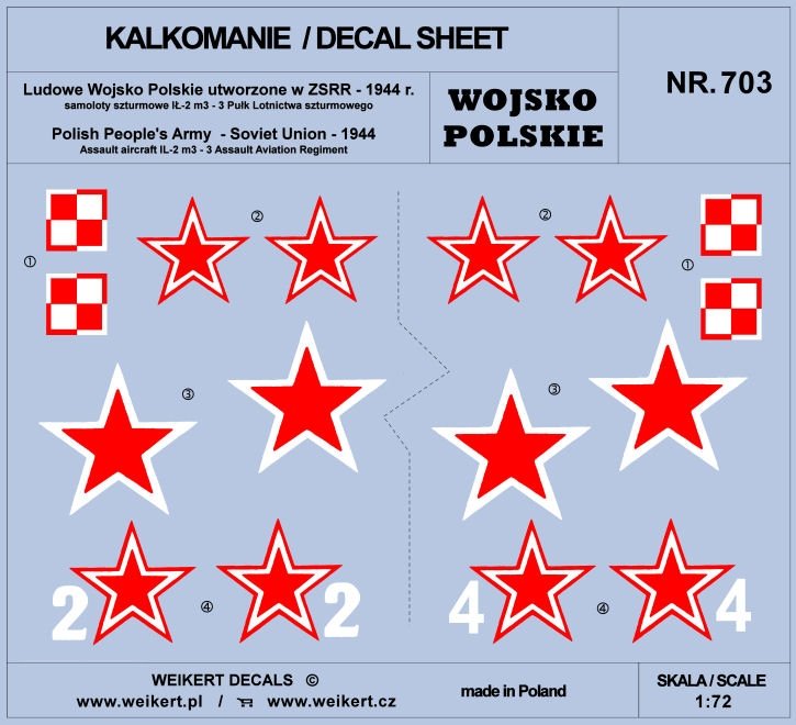 Weikert Decals DEC703 Polish Army - Ił2M3 attack aircraft - 3rd Assault Aviation Regiment - part 1 1/72