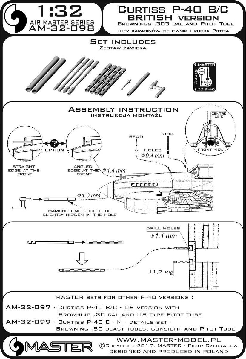 Master AM-32-098 Curtiss P-40 B/C Tomahawk II - wersja UK - lufy karabinów Browning .30 cal i brytyjska wersja Rurki Pitota 1/32 – zdjęcie 3