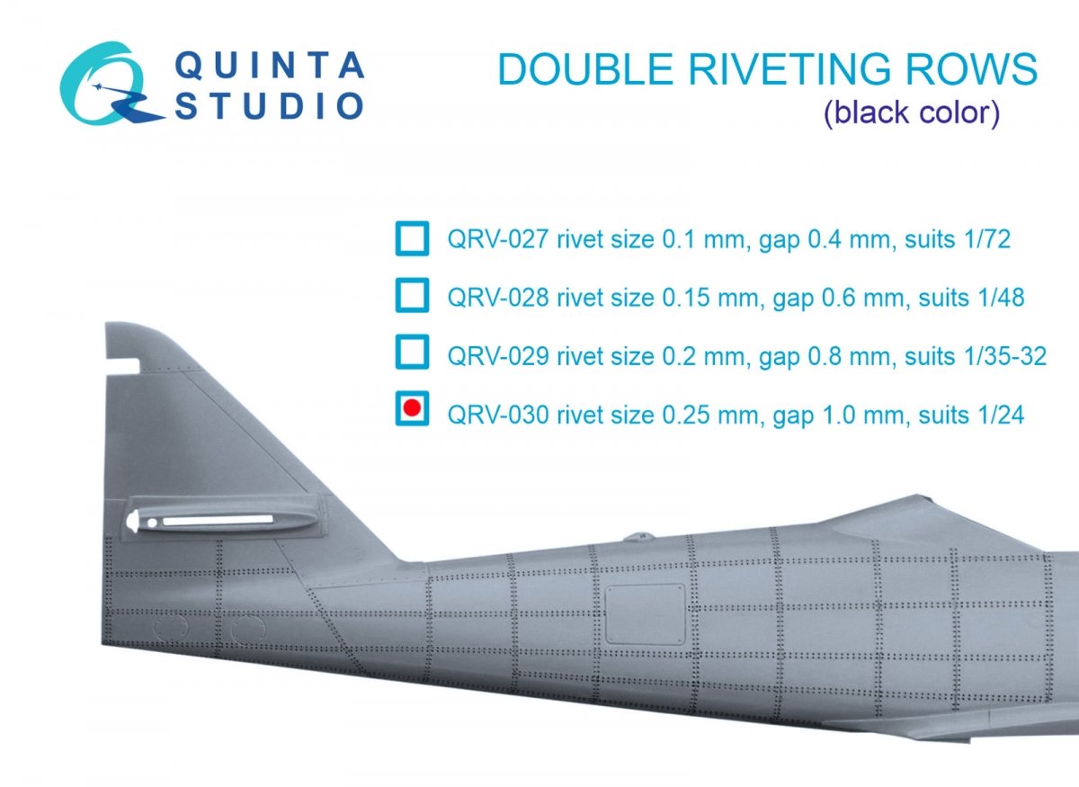 Quinta Studio QRV-030 Double riveting rows (rivet size 0.25 mm, gap 1.0 mm, suits 1/24 scale), Black color, total length 5.8 m/19 ft