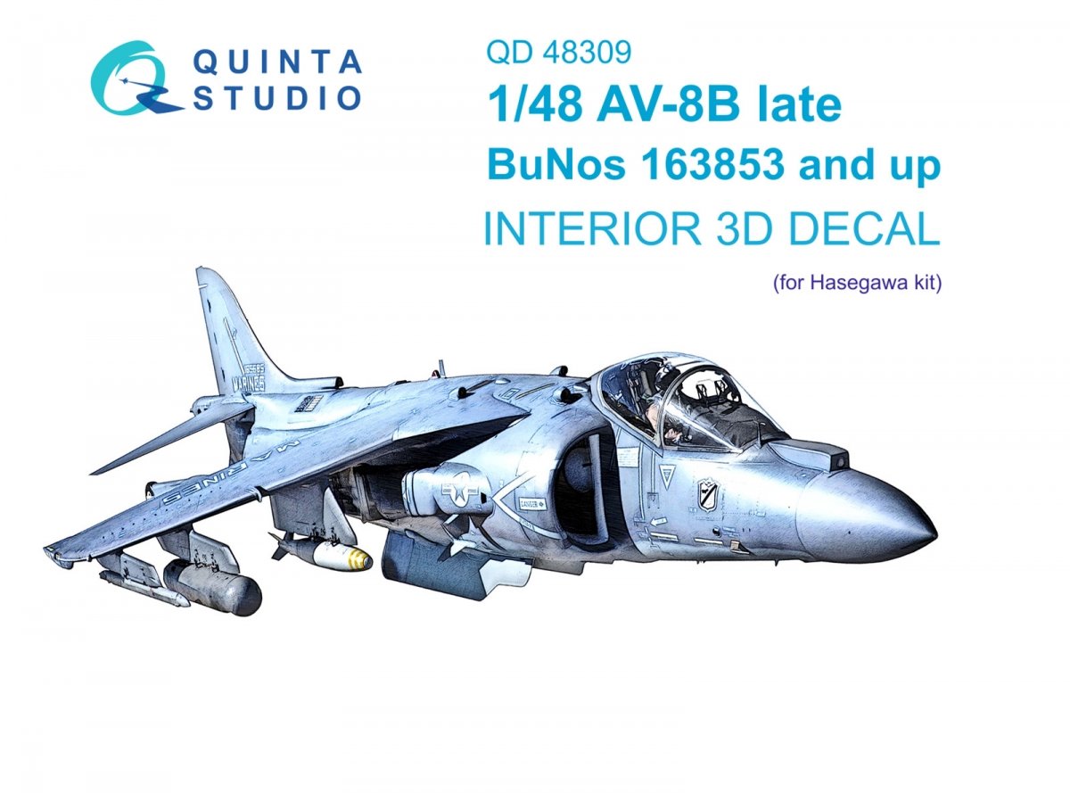 Intérieur imprimé en 3D et coloré sur papier décalcomanie Quinta Studio QD48309 AV-8B Late (Hasegawa) 1/48