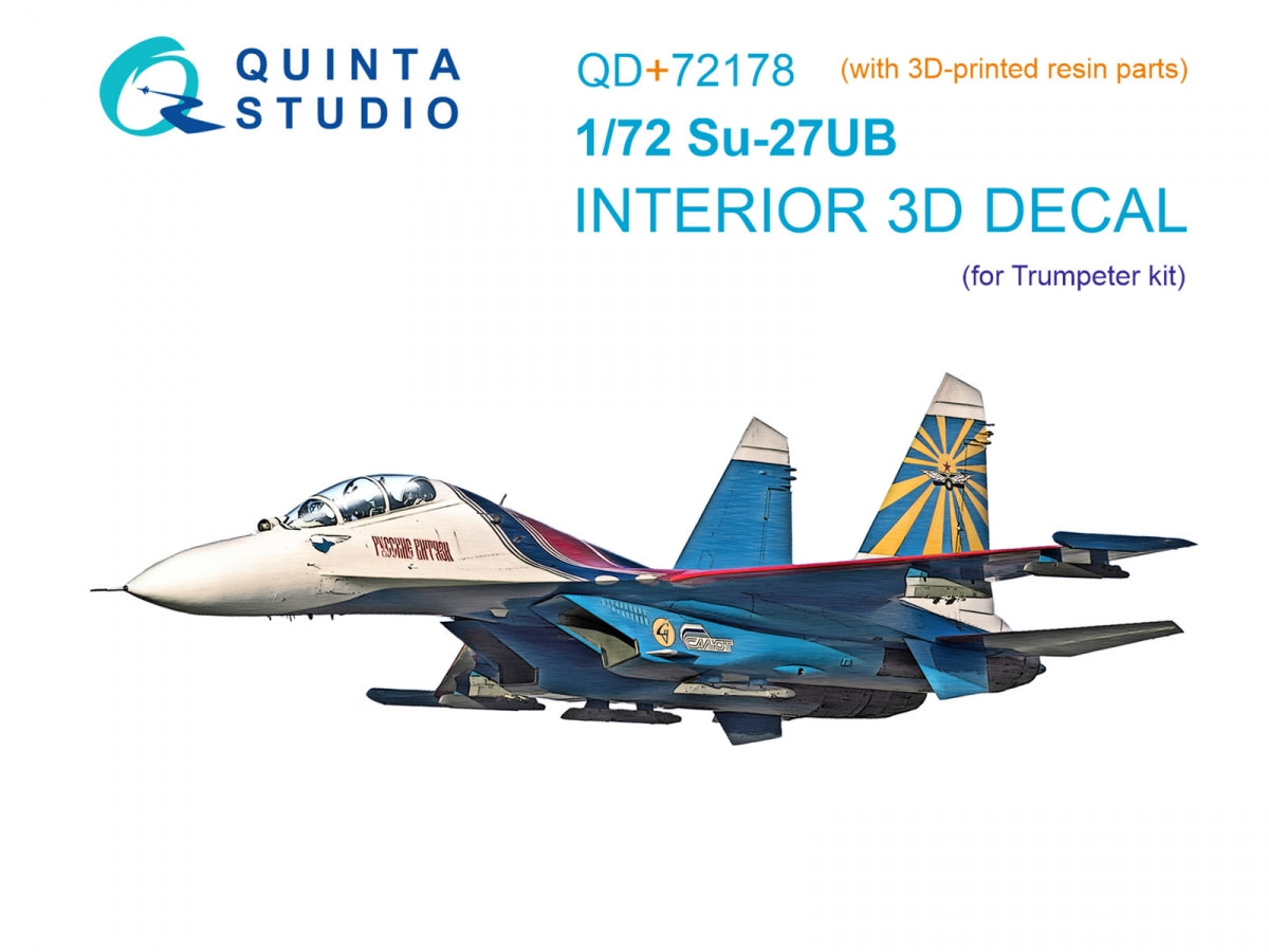 Intérieur imprimé en 3D et coloré sur papier décalcomanie (Trumpeter) pour Su-27UB de Quinta Studio QD+72178 (avec pièce en résine imprimée en 3D) à l'échelle 1/72