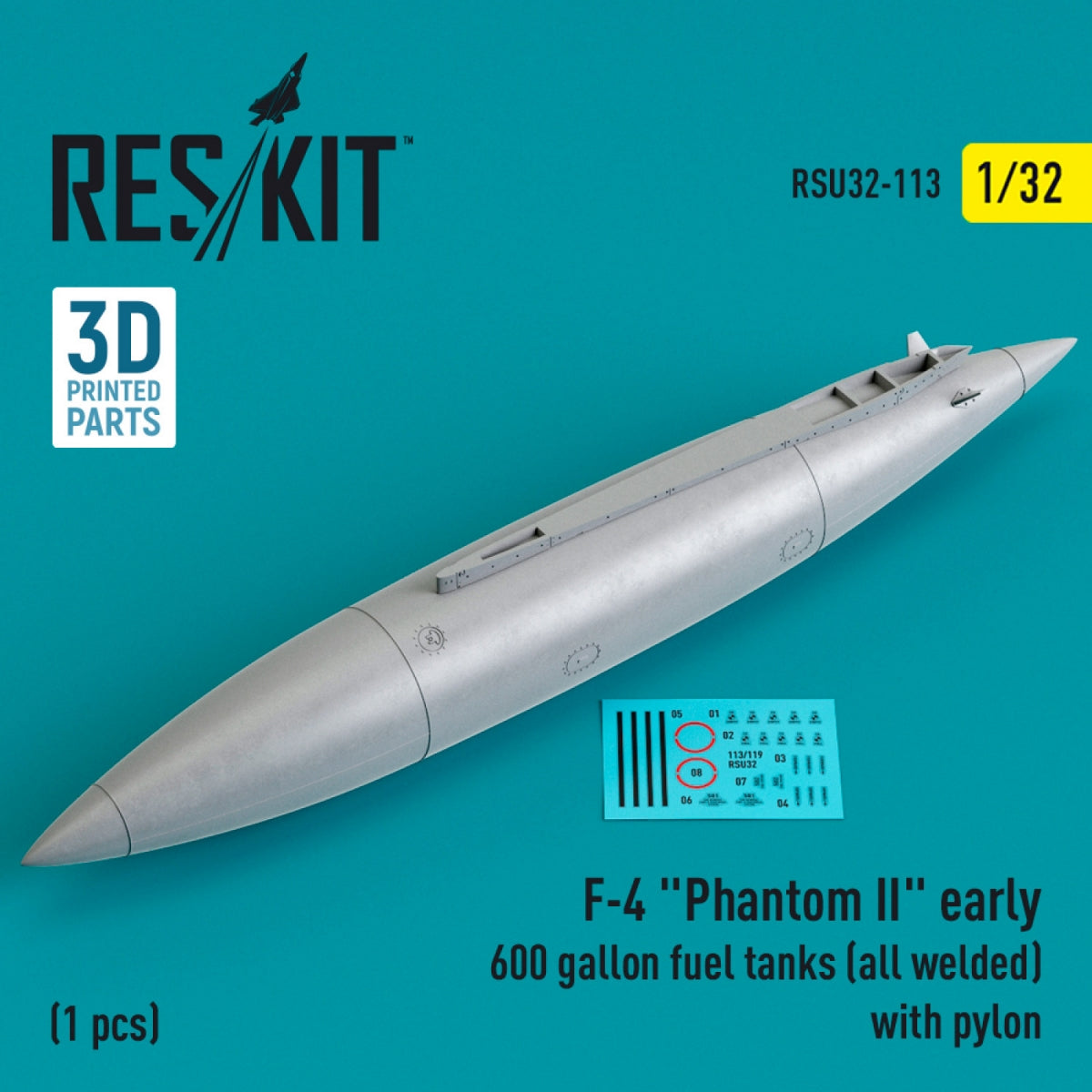 RESKIT RSU32-0113 F-4 PHANTOM II EARLY 600 GALLON FUEL TANK (ALL WELDED) WITH PYLON (1 PCS) (3D PRINTED) 1/32