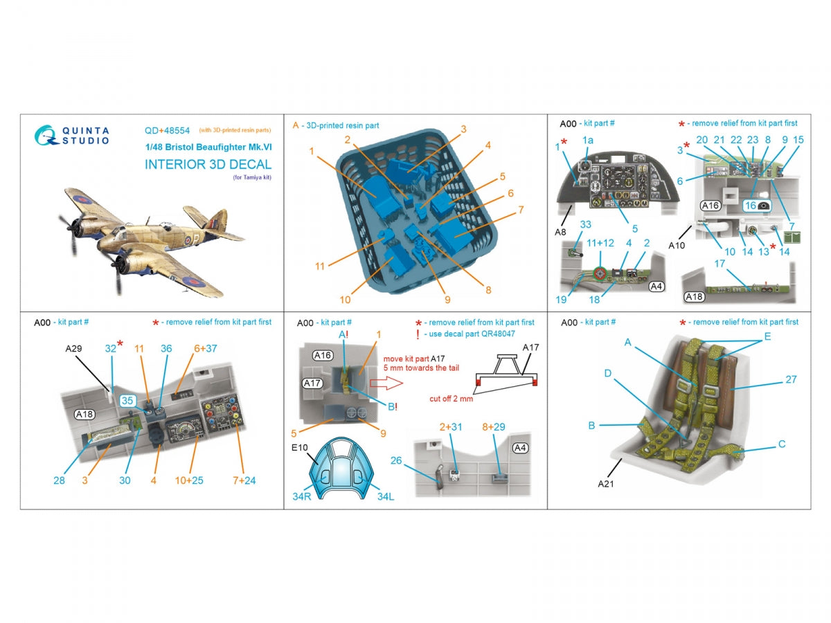 Quinta Studio QD+48554 Bristol Beaufighter Mk.VI 3D-Printed &amp;amp; colored Interior on decal paper (Tamiya) (with 3D-printed resin parts) 1/48 – image 2