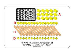 Aber 16058B Set of German hand grenades - metal and wooden parts x15 pcs 1/16