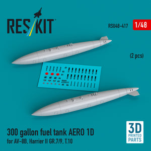 RESKIT RSU48-0417 300 gallon fuel tank AERO 1D for AV-8B, Harrier II GR.7/9, T.10 (2 pcs) (3D Printed) 1/48