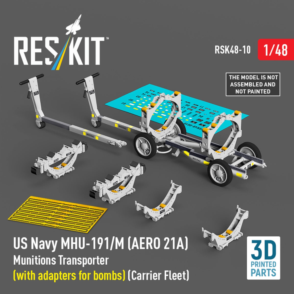 RESKIT RSK48-0010 US NAVY MHU-191/M (AERO 21A) Munitions Transporter (with adapters for bombs) (Carrier Fleet) (3D Printed model kit) 1/48 – image 2