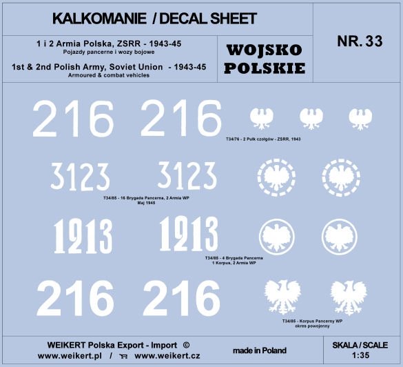 Weikert Decals DEC233 1st and 2nd Polish Army, USSR 1943-45 - Armored vehicles, combat vehicles - vol.2 1/35
