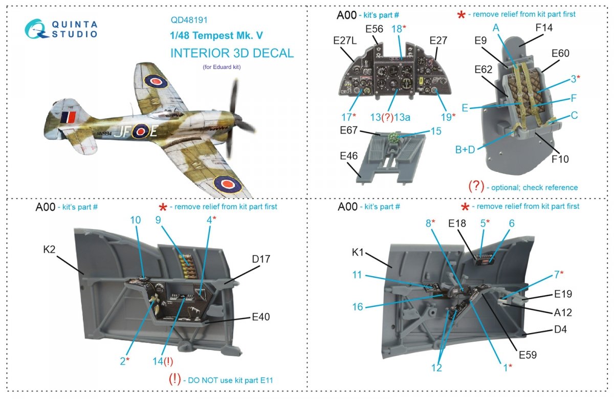Quinta Studio QD48191 Tempest Mk.V 3D-Printed &amp;amp; colored Interior on decal paper (Eduard) 1/48 – image 12