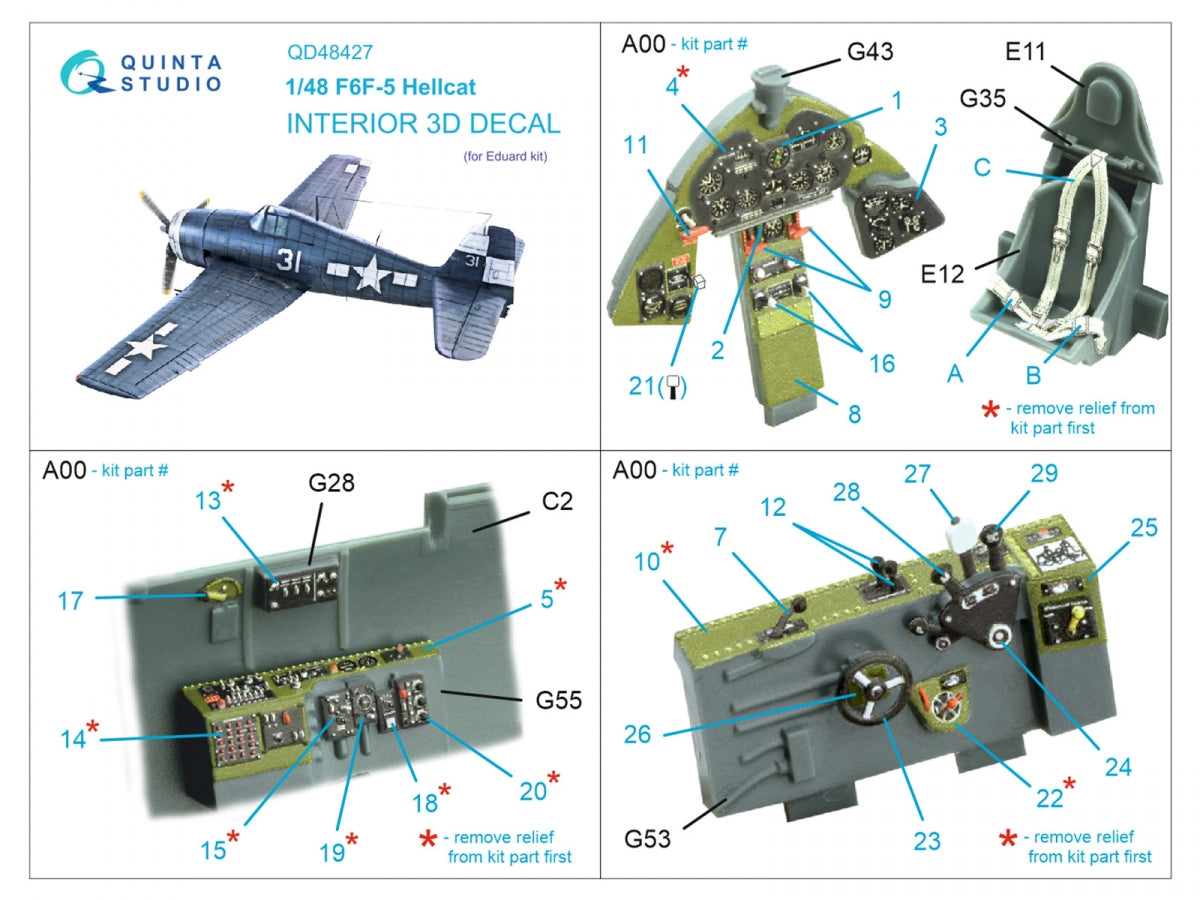 Quinta Studio QD48427 F6F-5 Hellcat 3D-Printed colored Interior on decal paper (Eduard) 1/48 – image 5