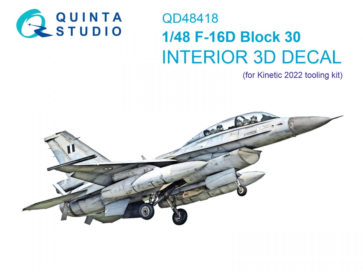 Quinta Studio QD48418 F-16D block 30 3D-Printed &amp; colored Interior on decal paper (Kinetic 2022 tool) 1/48