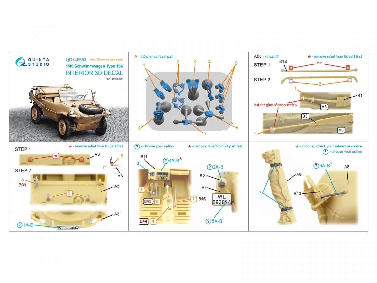 Quinta Studio QD+48553 Schwimmwagen type 166 3D-Printed &amp;amp; colored Interior on decal paper (Tamiya) (with 3D-printed resin parts) 1/48 – Bild 13