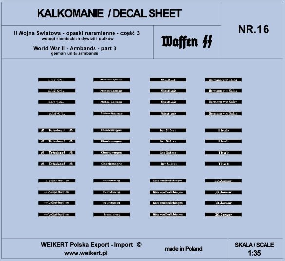 Weikert Decals DEC216 Shoulder Bands - Ribbons of German Divisions and Regiments ver.1 - vol.16 1/35