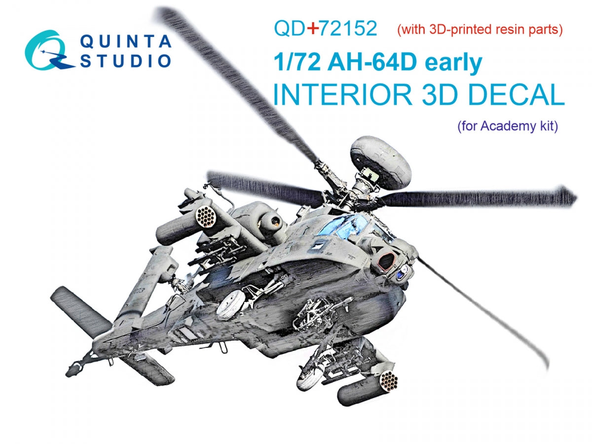 Quinta Studio QD+72152 AH-64D early 3D-Printed colored Interior on decal paper (Academy)(with 3D-printed resin part) 1/72