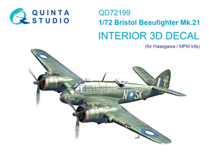 Quinta Studio QD72199 Bristol Beaufighter Mk.21 3D-Printed &amp;amp; colored Interior on decal paper (Hasegawa/MPM) 1/72