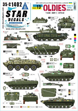 Star Decals 35-C1402 War in Ukraine #13 Ukrainian Oldies. Tanks and AFVs 2022-23. T-62M (rev 2022), T-62M, BTR-60BP, BMP-1P 1/35