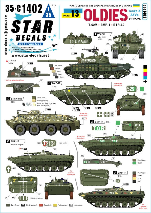 Star Decals 35-C1402 War in Ukraine #13 Ukrainian Oldies. Tanks and AFVs 2022-23. T-62M (rev 2022), T-62M, BTR-60BP, BMP-1P 1/35