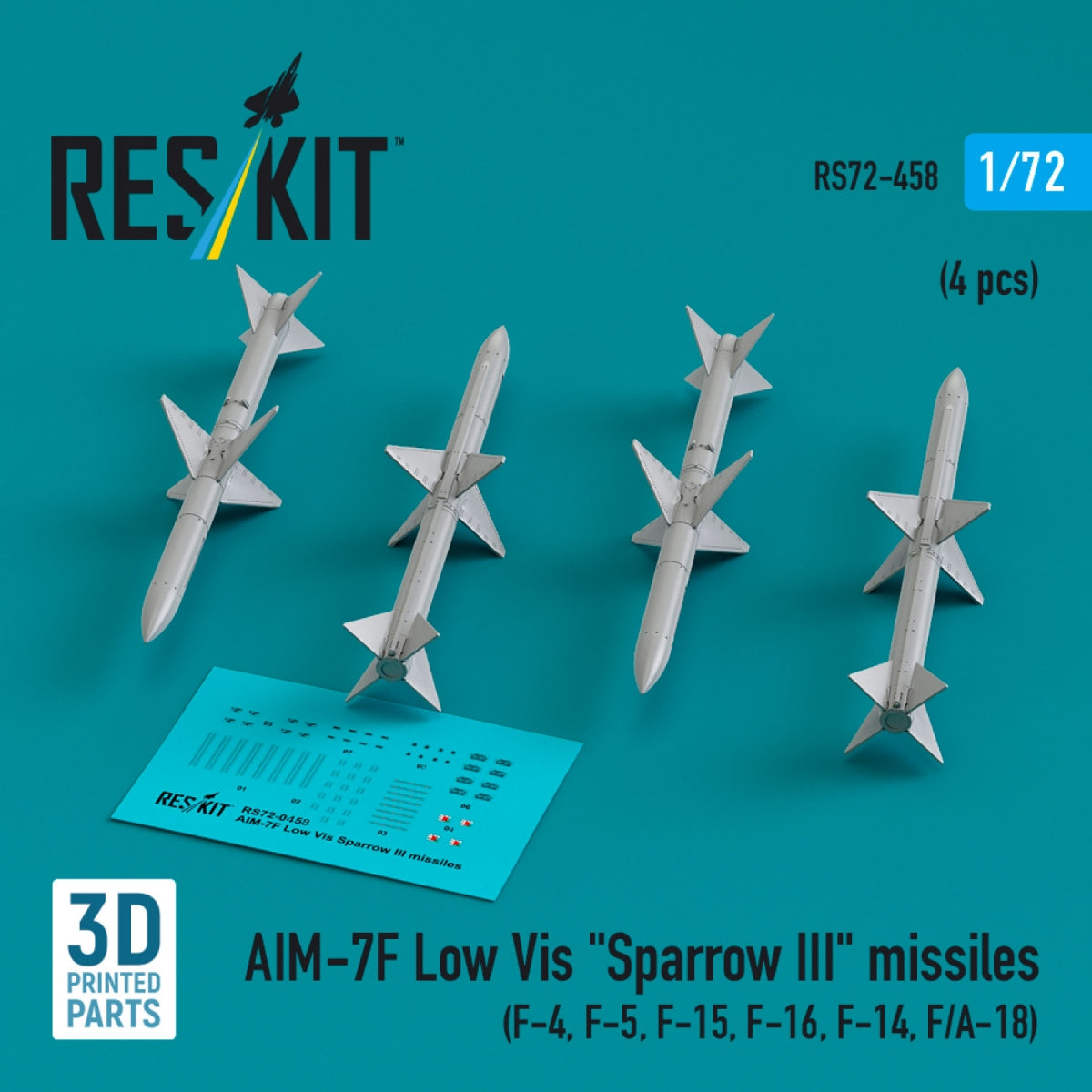 RESKIT RS72-0458 AIM-7F Low Vis &amp;quot;Sparrow III&amp;quot; missiles (4 pcs) (3D Printed) 1/72