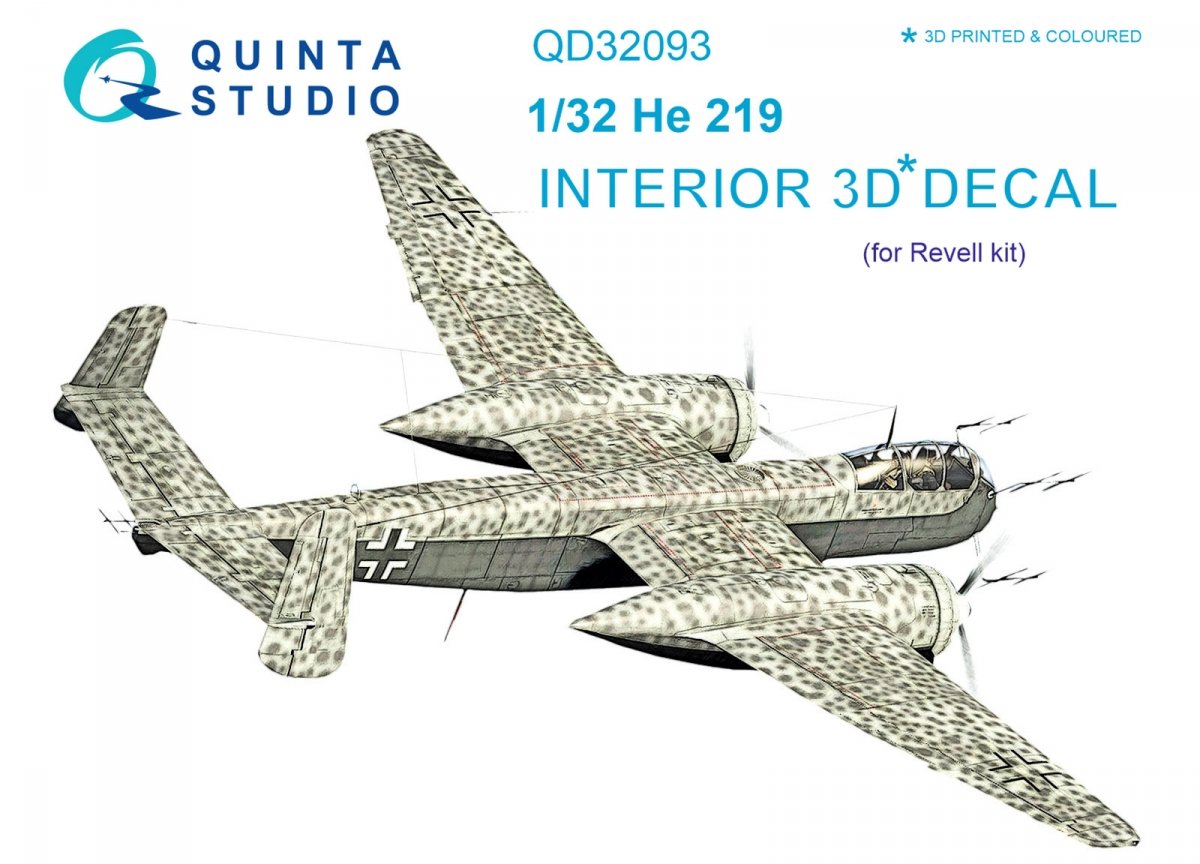 Quinta Studio QD32093 He 219 3D-Printed &amp; colored Interior on decal paper (Revell) 1/32