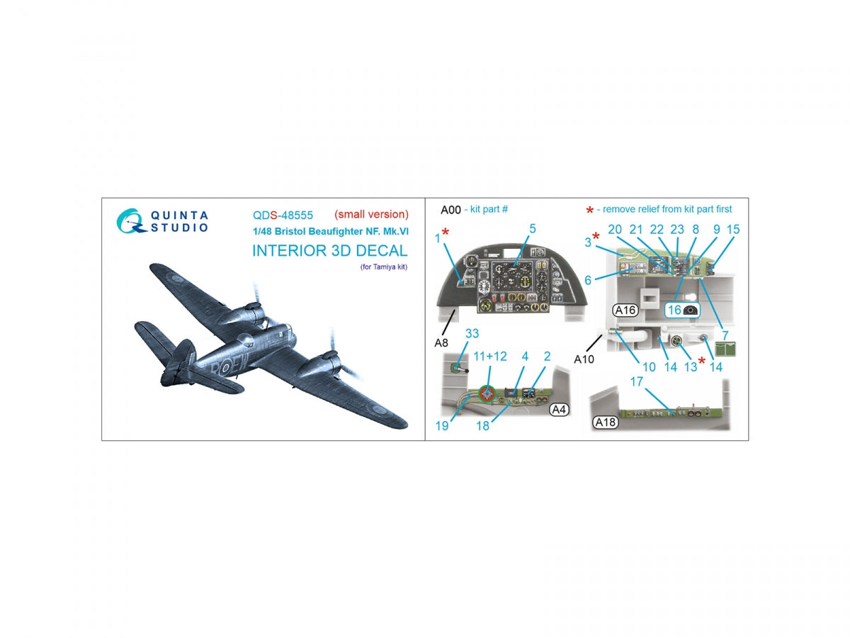 Quinta Studio QDS-48555 Bristol Beaufighter NF.Mk.VI 3D-Printed &amp;amp; colored Interior on decal paper (Tamiya) (small version) 1/48 – image 2