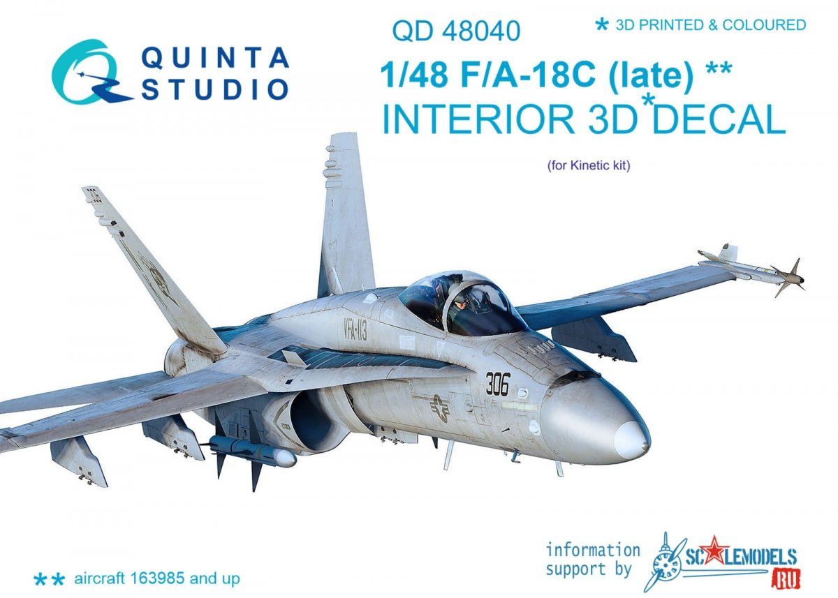 Quinta Studio QD48040 F/A-18С (late) 3D-Printed &amp; colored Interior on decal paper (for Kinetic) 1/48