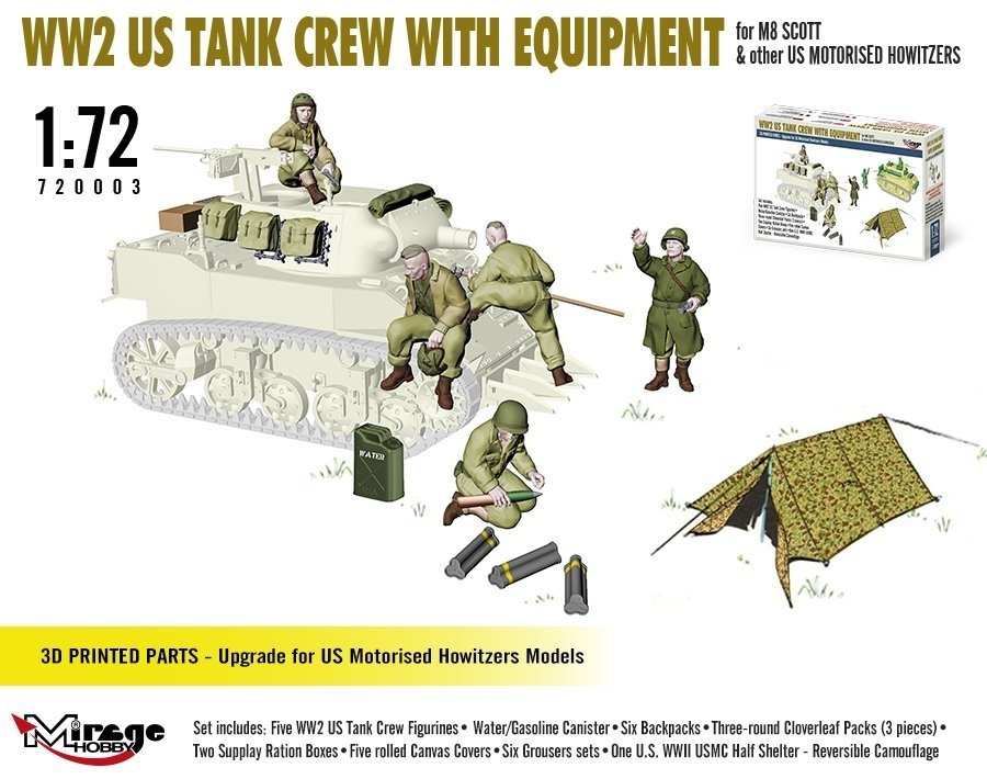 Mirage Hobby 720003 WW2 US Tank Crew With Equipment For M8 Scott And Other US Motorized Howitzers 1/72