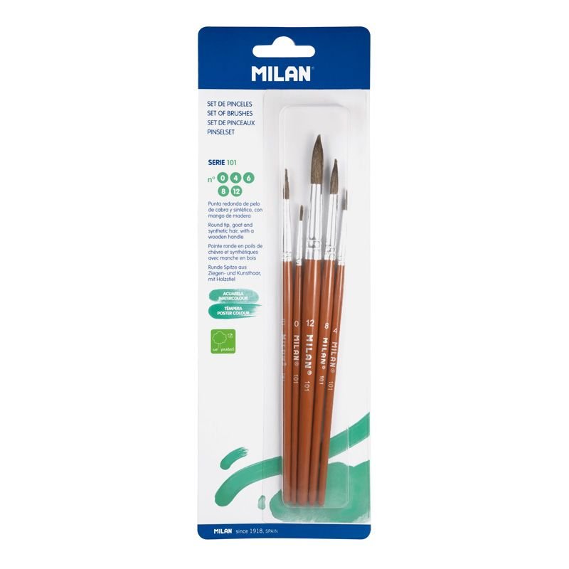 Milan 10461 Blister pack 5 round brushes (goat &amp; synthetic hair) 101 series no 0, 4,6, 8 and 12