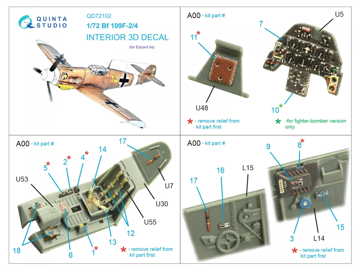 Quinta Studio QD72102 BF 109F-2/4 3D-Printed &amp;amp; colored Interior on decal paper (Eduard) 1/72 – Bild 2