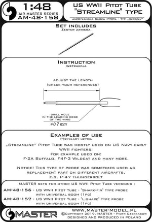 Master AM-48-158 American WWII Pitot Tube - &amp;quot;Streamline&amp;quot; Type (1 pc.) - Used mainly on early US Navy aircraft - F-2A Buffalo, F4F-3 Wildcat and others 1/48 – image 3