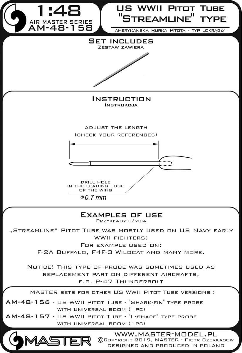 Master AM-48-158 American WWII Pitot Tube - &amp;quot;Streamline&amp;quot; Type (1 pc.) - Used mainly on early US Navy aircraft - F-2A Buffalo, F4F-3 Wildcat and others 1/48 – image 3