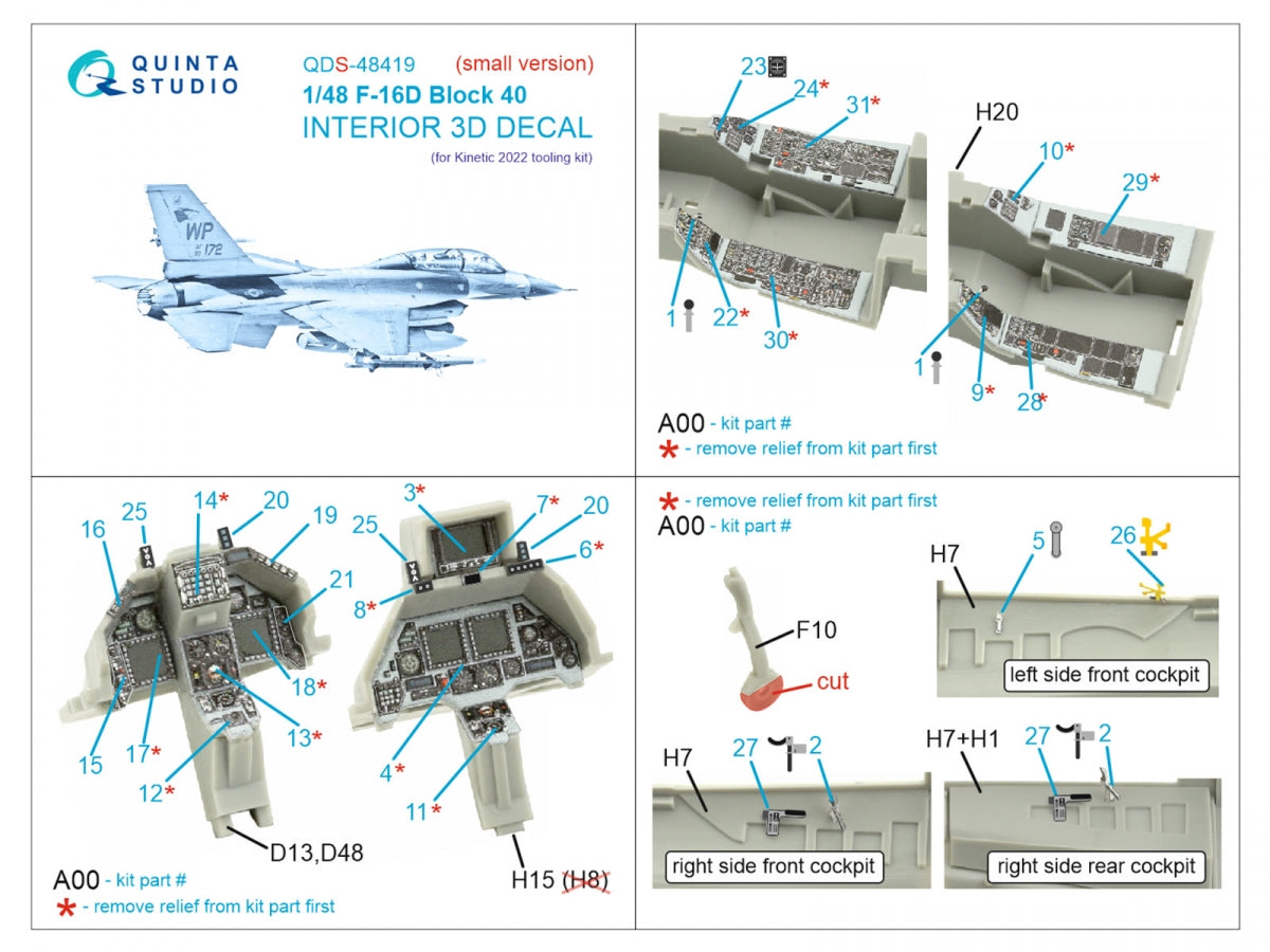 Quinta Studio QDS-48419 F-16D block 40 3D-Printed &amp;amp; colored Interior on decal paper (Kinetic 2022 tool) (Small version) 1/48 – image 2