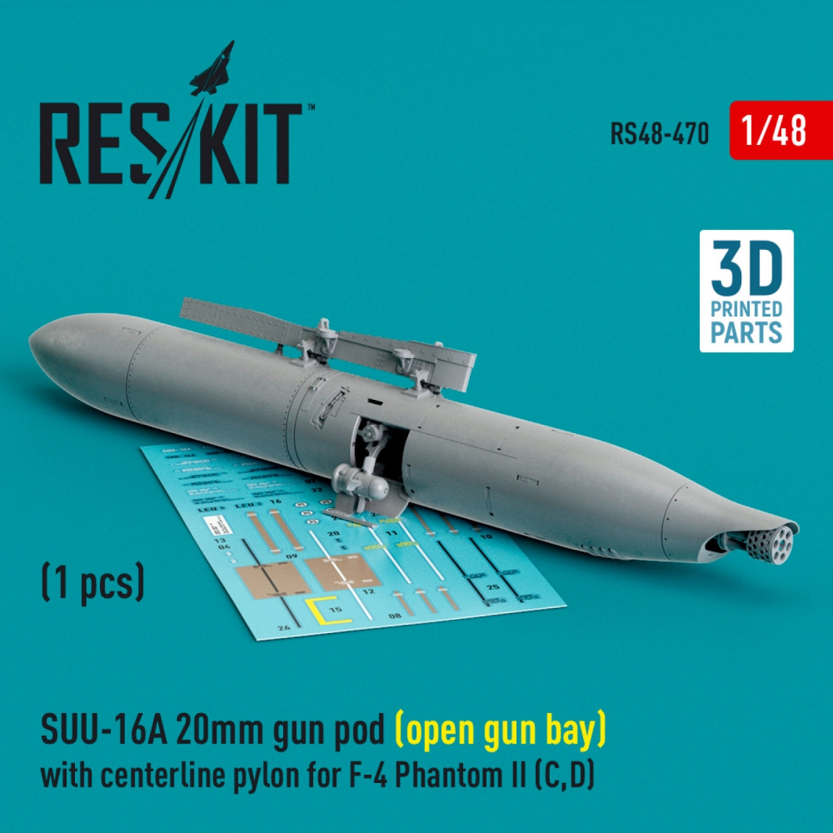 RESKIT RS48-0470 SUU-16A 20mm gun pod (open gun bay) with centerline pylon for F-4 Phantom II (C,D) (1 pcs) (3D Printed) 1/48 – image 2