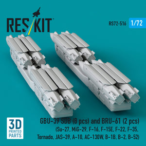 RESKIT RS72-0516 GBU-39 SDB (8 pcs) and BRU-61 (2 pcs) (Su-27, MiG-29, F-16, F-15E, F-22, F-35, Tornado, JAS-39, A-10, AC-130W, B-1B, B-2, B-52) (3D Printed) 1/72