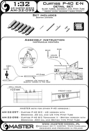 Master AM-32-099 Curtiss P-40 E - N - ensemble de détails - caches MG, viseur et tube pitot (1/32) – image 4