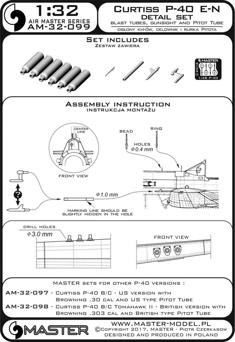 Master AM-32-099 Curtiss P-40 E - N - ensemble de détails - caches MG, viseur et tube pitot (1/32) – image 4