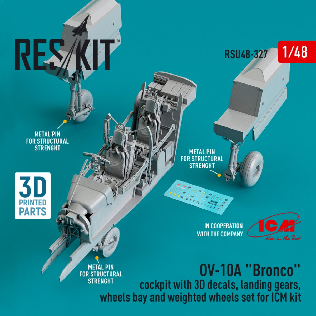RESKIT RSU48-0327 OV-10A « BRONCO » COCKPIT AVEC DÉCALCOMANIES 3D, TRAIN D'ATTERRISSAGE, BAIE DE ROUE ET JEU DE ROUE LESTÉ POUR MAQUETTE ICM (IMPRIMÉ EN 3D) 1/48
