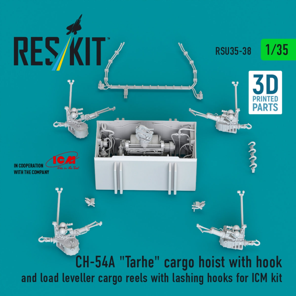 RESKIT RSU35-0038 CH-54A "Tarhe" cargo hoist with hook and load leveller cargo reels with lashing hooks for ICM kit (3D Printed) 1/35