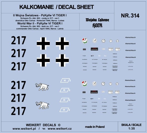 Weikert Decal DEC314 TIGER I - Otto Carius - char 217 - Schwere Pz. Env. 502, Narva - Lettonie, avril 1944 - ver.1 1/35