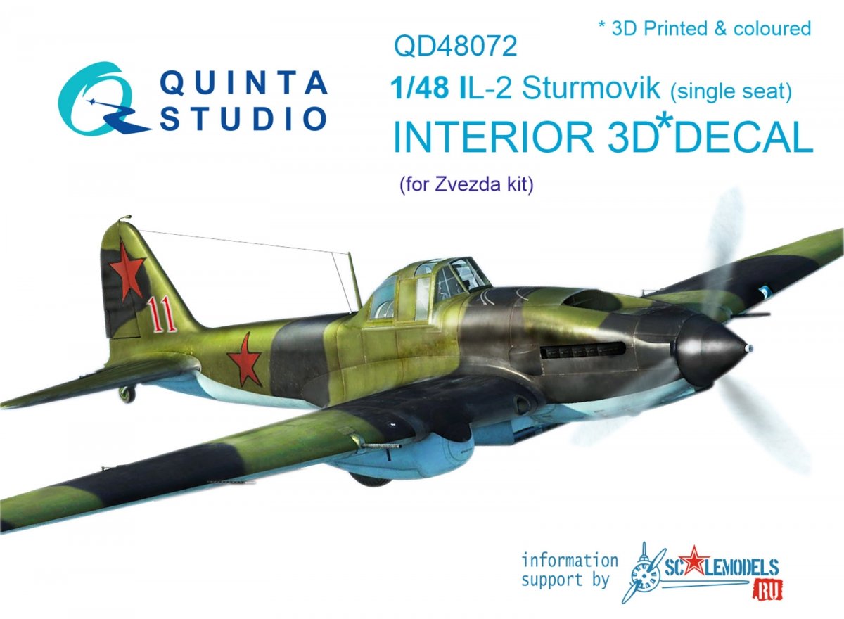 Quinta Studio QD48072 Il-2 Single seat 3D-Printed &amp;amp; colored Interior on decal paper (for kit) 1/48