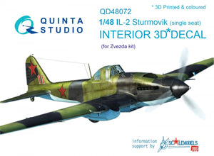 Quinta Studio QD48072 Il-2 Single seat 3D-Printed &amp;amp; colored Interior on decal paper (for kit) 1/48