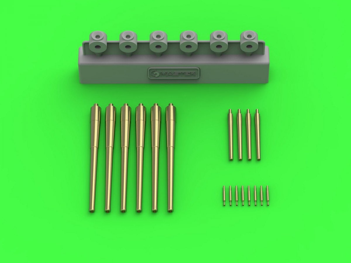 Master SM-350-108 HMS Exeter (1939) - gun barrels - 8in (6 pcs.), 4in (4 pcs.), Vickers 0.5 in (8 pcs.) with resin elements for mounting the barrels (for Trumpeter model) 1/350
