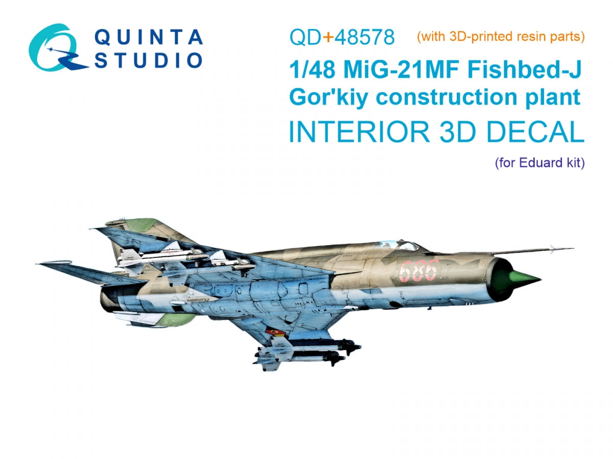 Quinta Studio QD+48578 MiG-21MF Fishbed-J (Gorkiy plant) 3D-Printed &amp;amp; colored Interior on decal paper (Eduard) (with 3D-printed resin parts) 1/48