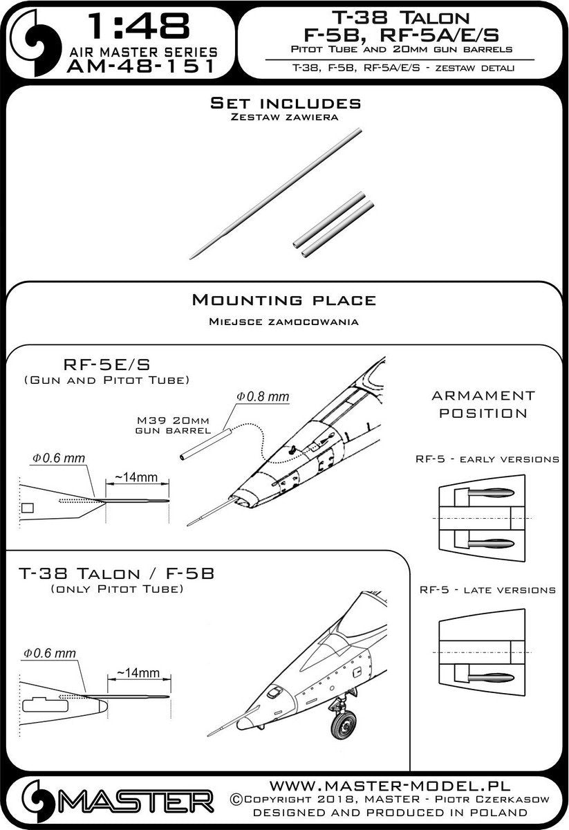 Master AM-48-151 T-38 Talon / F-5B / RF-5A, E, S - Pitot tube and 20mm gun barrels 1/48 – obrázek 3