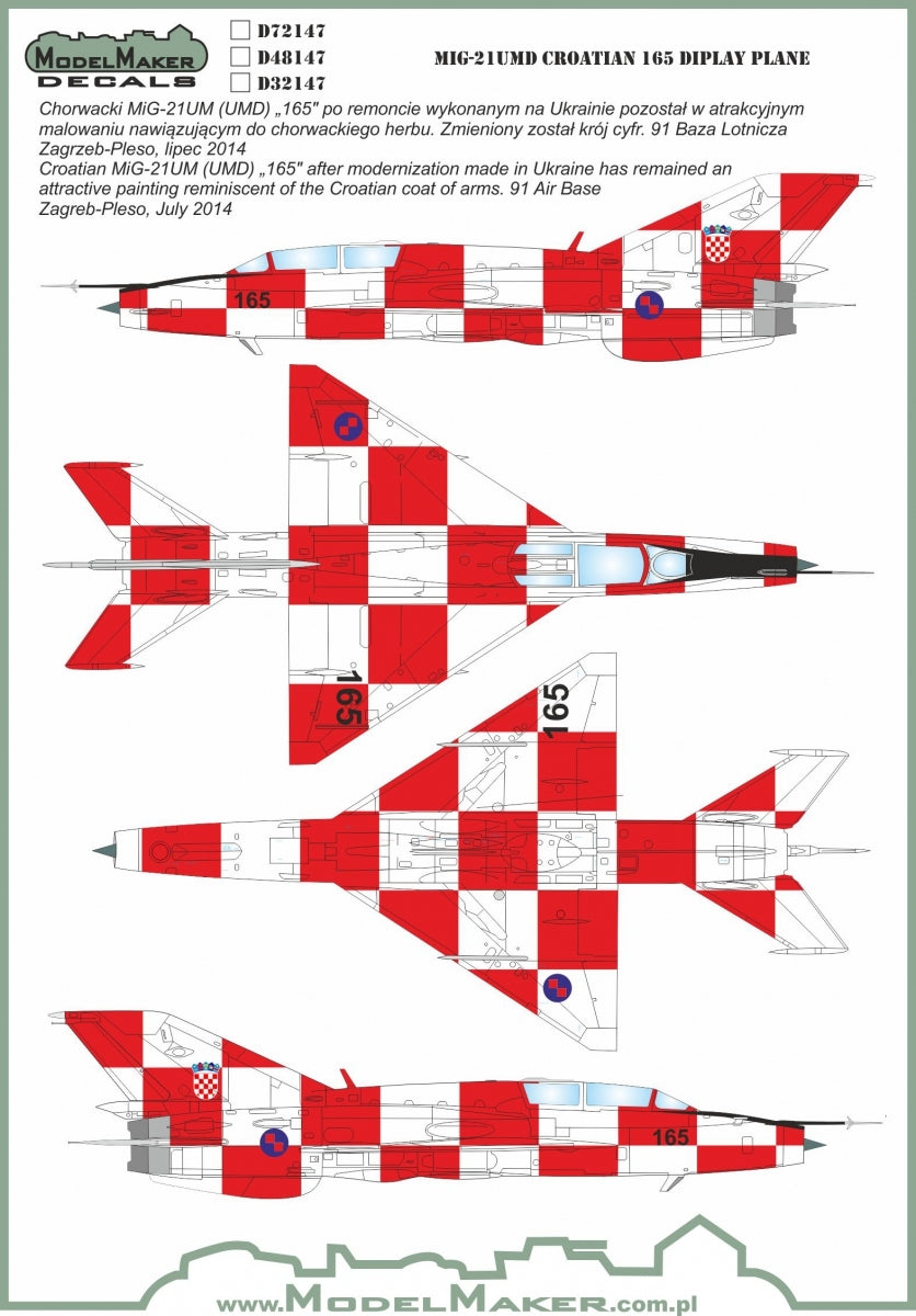 ModelMaker Decals D48147 MiG-21UMD CROATIAN 165 Display Plane 1/48