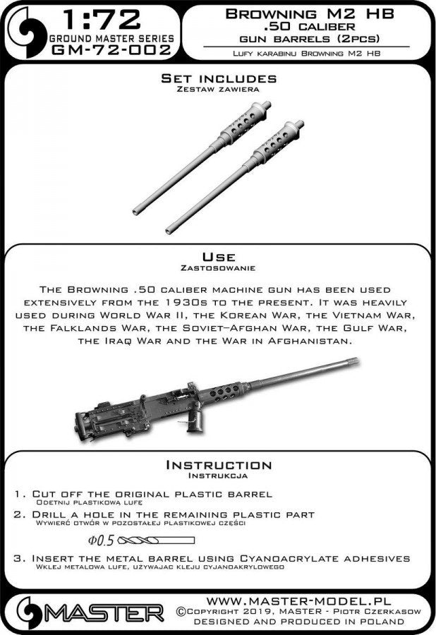 Master GM-72-002 Browning M2 (Heavy Barrel) .50 caliber (12.7mm) - gun barrels (2pcs) 1/72 – zdjęcie 5