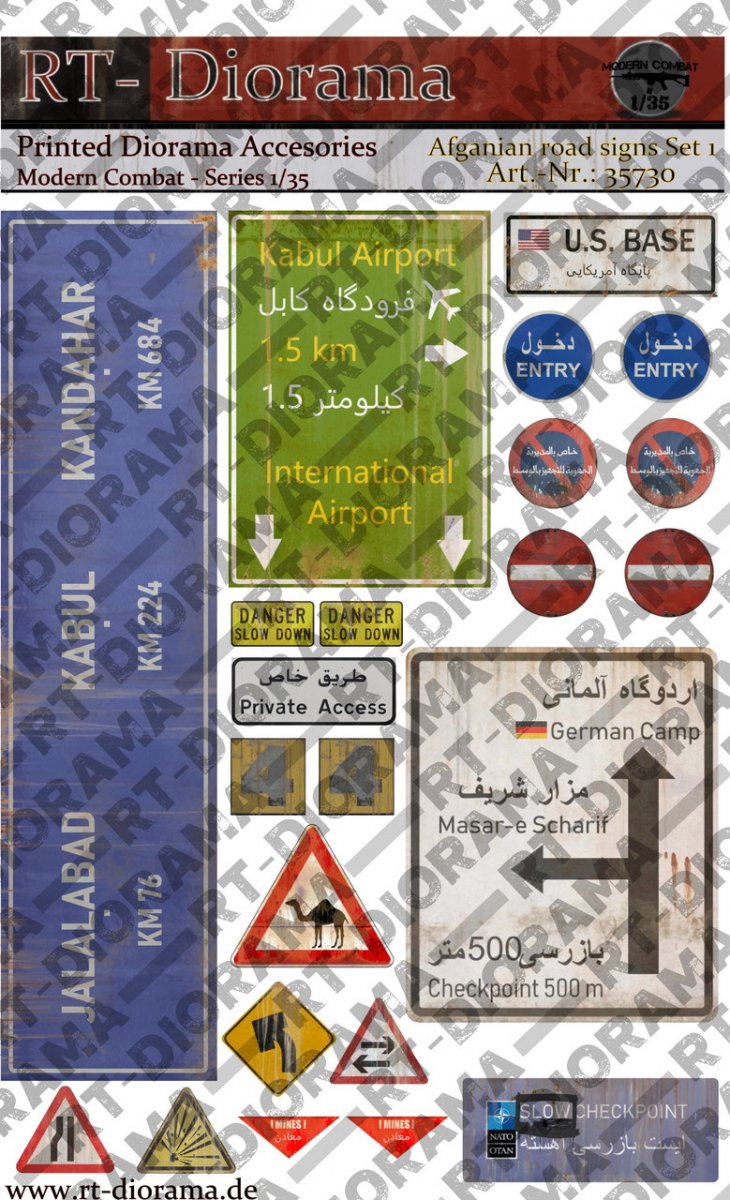 Accessoires imprimés RT-Diorama 35730 : Panneaux de signalisation afghans, set n° 1, échelle 1/35 