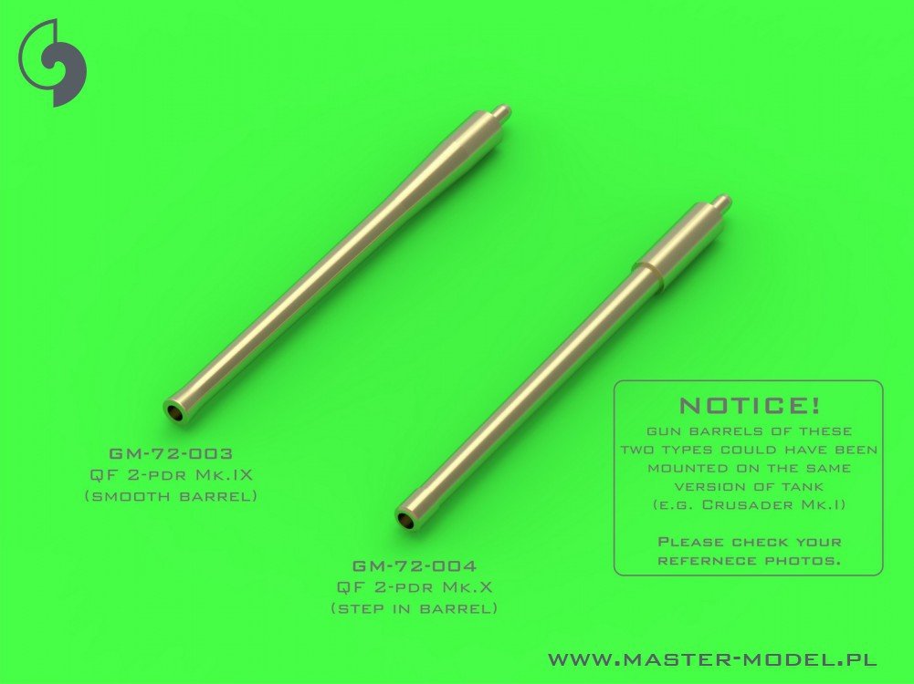 Master GM-72-004 British QF 2-pdr (40mm) - version Mk.X (step in barrel) + Besa MG tips - for Crusader Mk.I/II, Valentine, Matilda II, and other AFV 1/72 – immagine 2