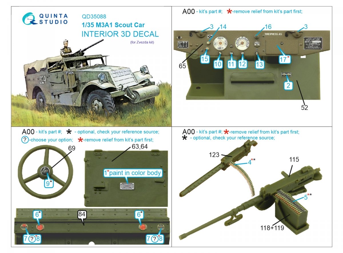 Quinta Studio QD35088 M3A1 Scout 3D-Printed &amp;amp; colored Interior on decal paper (Zvezda) 1/35 – Bild 2