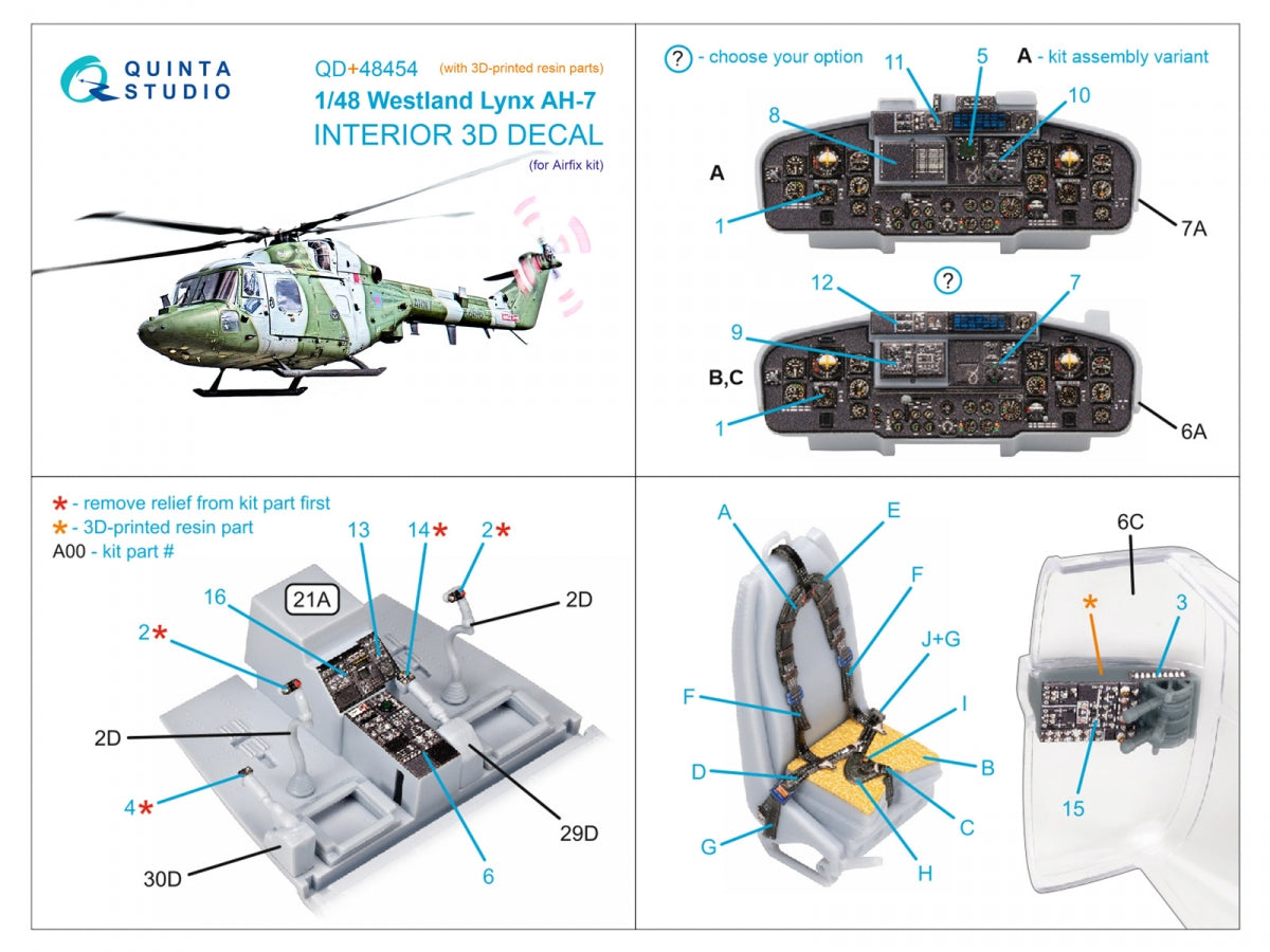 Quinta Studio QD+48454 Lynx AH-7 3D-Printed &amp;amp; colored Interior on decal paper (Airfix) (with 3D-printed resin parts) 1/48 – image 2