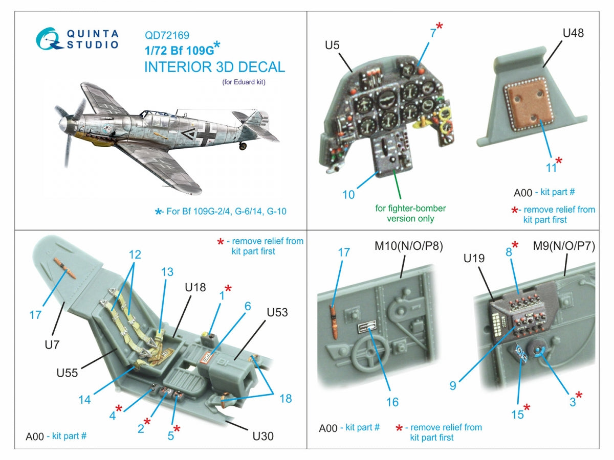 Quinta Studio QD72169 Bf 109G 3D-Printed colored Interior on decal paper (Eduard) 1/72 – image 2