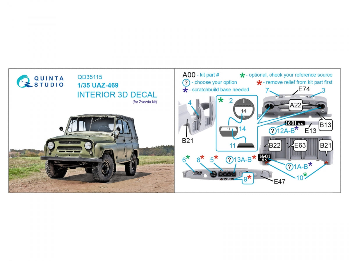 Quinta Studio QD35115 UAZ-469 3D-Printed &amp;amp; colored Interior on decal paper (Zvezda) 1/35 – Bild 2